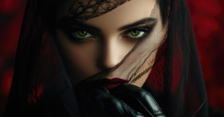 Poster - a beautiful vampire woman with green eyes, wearing a black veil and black leather gloves