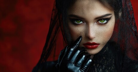 Poster - a beautiful vampire woman with green eyes, wearing a black veil and black leather gloves