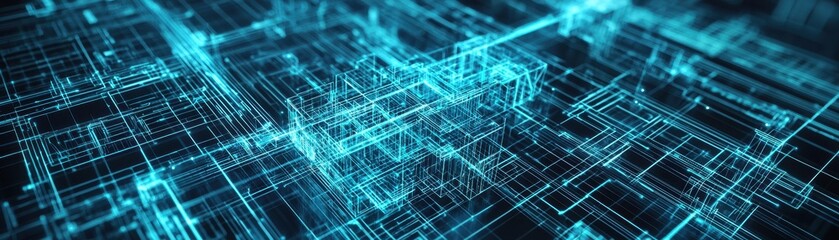 Poster - A digital representation of interconnected lines and grids, featuring a glowing blue aesthetic, conveying themes of technology and data.
