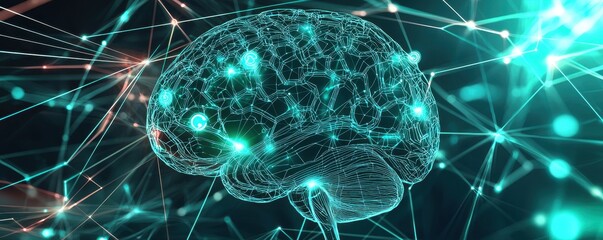 Poster - A glowing, digital representation of a brain interconnected with luminous lines and nodes, symbolizing neural networks and advanced technology.