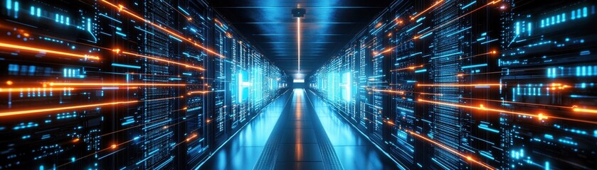 Poster - A futuristic server room with glowing data streams, showcasing advanced technology and vibrant colors in a visually striking perspective.