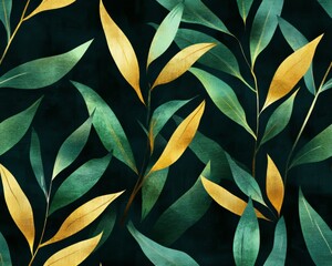 Poster - Elegant Leaf Pattern With a Dark Background Highlighting Green and Gold Foliage in a Decorative Design Suitable for Various Artistic Applications