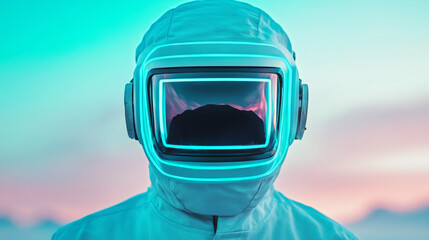 Poster - Astronaut with illuminated helmet exploring a new planet with mountains reflecting on visor during sunset