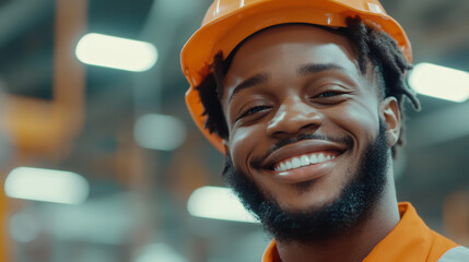 Poster - Portrait of a cheerful black industrial worker smiling wearing an orange safety helmet inside a factory