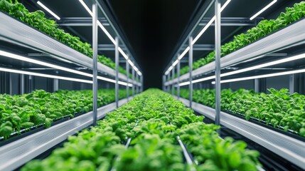 Wall Mural - A vibrant indoor farm featuring rows of lush green plants illuminated by bright LED lights, emphasizing modern agricultural practices.