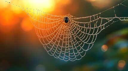 Wall Mural - A mesmerizing close up shot of a single delicate strand of a spider web with tiny water droplets glistening on its intricate transparent filaments 