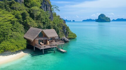 Wall Mural - tropical island beach view with a house and traditional wooden boat near