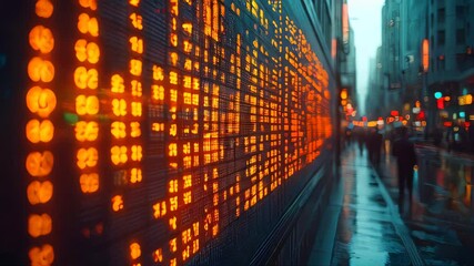 Poster - A large stock market LED display with glowing orange financial data lights up a wet urban street at night, with blurred silhouettes of pedestrians