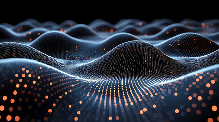 Poster - Abstract digital landscape of glowing particles forming waves.  Perfect for illustrating technology, data, AI, connectivity, or the metaverse.