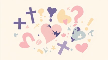 Poster - Colorful Abstract Elements Featuring Hearts, Crosses, and Question Marks, Ideal for Artistic or Design Projects