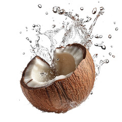 Poster - Coconut half splashing water, showcasing freshness and vitality. Perfect for tropical themes, culinary uses, or beverage promotions