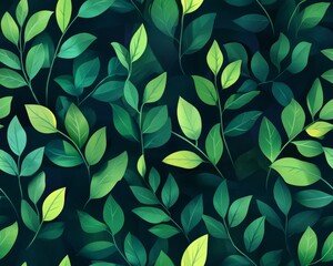 Poster - Elegant Leaf Pattern With a Dark Background Highlighting Green and Gold Foliage in a Decorative Design Suitable for Various Artistic Applications