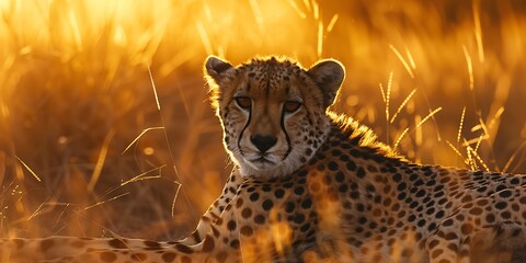 Wall Mural - A close-up view of a cheetah crouched low in the grass scanning the horizon for prey with the golden light of early morning casting a warm glow Wildlife Safari