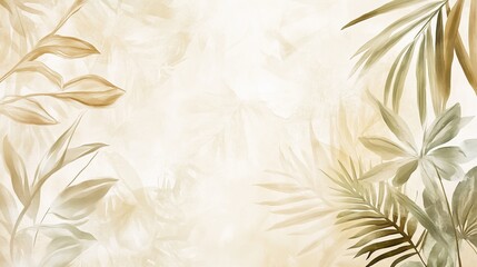 Poster - Soft Floral Design Featuring White Lilies and Palm Leaves on a Textured Neutral Background in a Serene Setting