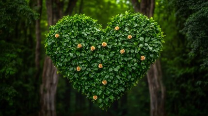 Wall Mural - Heart-shaped foliage adorned with yellow flowers in a lush forest setting, symbolizing love