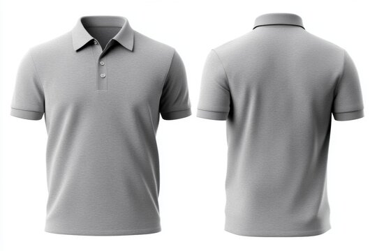 Set of gray polo shirt, front and back views, isolated on a white background. 3D rendering