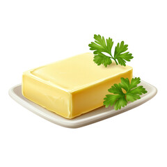 Poster - block of butter on plate with fresh green herbs, perfect for cooking and baking. rich texture and color enhance any dish
