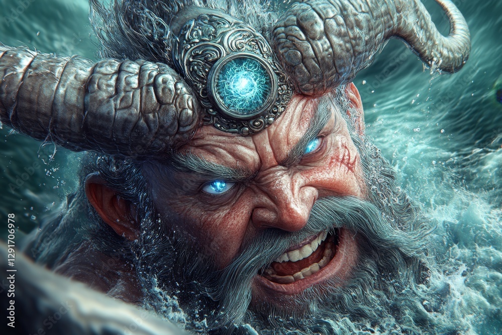 A fantasy art-style picture of the sea god. He is sitting on his throne ...