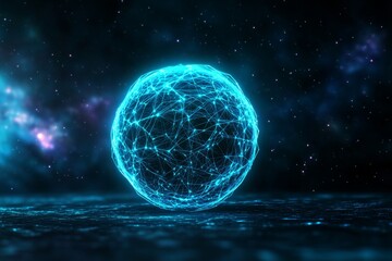 Aufkleber - A glowing, futuristic sphere with network connections radiating from it, set against the backdrop of deep space with distant stars and galaxies in soft focus. The scene conveys an impression