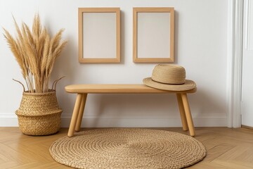 Poster - A light wooden bench, a straw hat, and a basket on the floor, with two light wood picture frames hanging above it. The background is a blank white wall, in a minimalist, mockup-style decor.