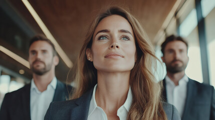 Canvas Print - Business team looking up with hope in a modern office, guided by a confident businesswoman leading the way towards future success