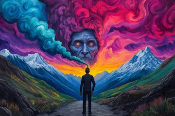 Poster - A man with his head raised, standing in front of the silhouette of an old woman's face, the sky is filled with smoke and flames. The artwork adopts a psychedelic art style, creating surreal