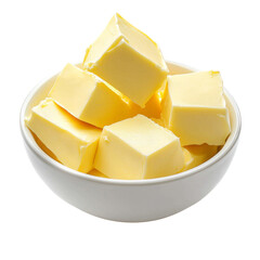 Poster - Creamy butter cubes stacked in white bowl, perfect for cooking and baking. This fresh dairy product adds richness and flavor to various dishes