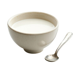 Poster - Creamy milk in ceramic bowl with silver spoon, perfect for breakfast or cooking. Enjoy smooth texture and fresh taste