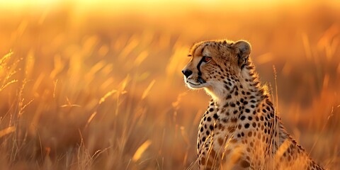 Wall Mural - A close-up view of a cheetah crouched low in the grass scanning the horizon for prey with the golden light of early morning casting a warm glow Wildlife Safari