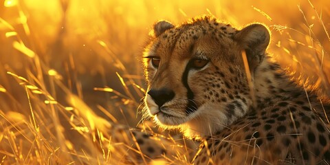 Wall Mural - A close-up view of a cheetah crouched low in the grass scanning the horizon for prey with the golden light of early morning casting a warm glow Wildlife Safari