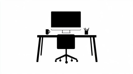 Poster - Office Workspace Icon, Simple Desk, Computer, Chair, Workspace Illustration, For Presentation, Stock Photo, Vector, Graphic