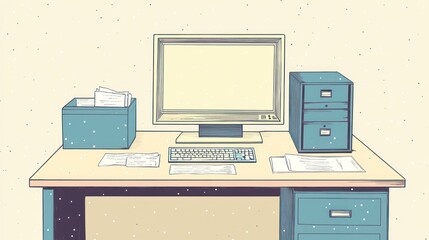Poster - Retro office desk with computer and files. Simple workspace illustration. Possible use Stock photo for educational or design materials