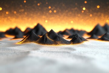Poster - A vast alien landscape with black mountains, orange lights in the distance, a white background, and no clouds. The scene has a cinematic, photographic quality, with HDRI lighting in shades of