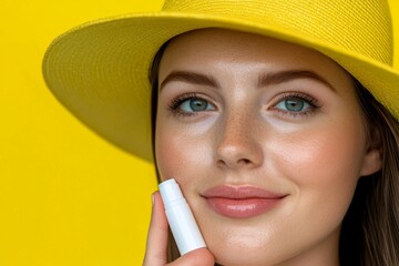 Poster - A woman wearing a sun hat applying cream on her face at the beach, close-up of a cosmetic product in her hand, a beautiful young female model using skin care beauty products with copy space