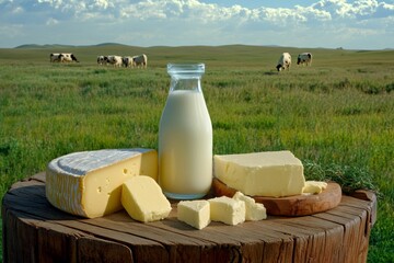 Poster - A wooden table with milk, cheese, and cream on it, set against the backdrop of an American farm landscape with cows grazing in green meadows. A glass bottle stands next to several blocks of
