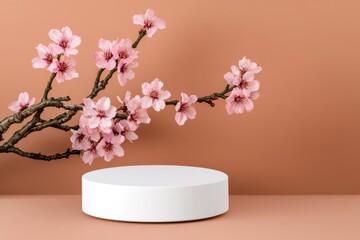 Poster - Abstract minimal pink background with a podium for product presentation, 3D render mockup stage design. Front view. In the foreground, there is an empty display stand on which two cherry blossom