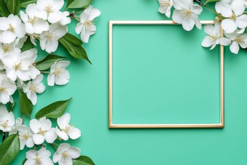 Poster - Digital illustration with a green background, white flowers, and a gold frame. The design features a white border around the edge of a green rectangle, with a vector design in a flat style.