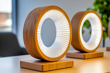 Aufkleber - Minimalist design of a sound system in wood and white acrylic, with circular elements featuring slats, floating on a wooden plinth, in a studio setting with soft lighting. The design showcases