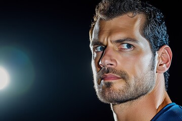 Aufkleber - Side profile of Henry Cavill in the dark, face illuminated by golden light from behind, head turned slightly to the left side, cinematic, movie still, shadow play, backlit
