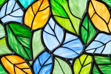 Aufkleber - Stained glass-style, green and yellow leaf pattern background, symmetrical composition, delicate lines, bright colors, high contrast, and a mysterious atmosphere. Green background with leaf