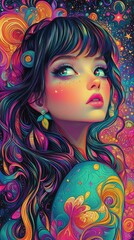 Wall Mural - psychedelic portrait of a woman with cosmic hair and intricate floral designs