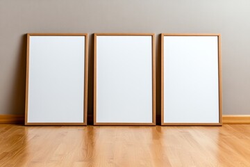 Poster - Three empty wooden picture frames standing against the wall of an apartment, with blank white canvases inside each frame. The background is a neutral beige, and there is light wood flooring
