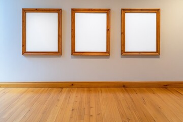 Poster - Three empty wooden picture frames standing against the wall of an apartment, with blank white canvases inside each frame. The background is a neutral beige, and there is light wood flooring