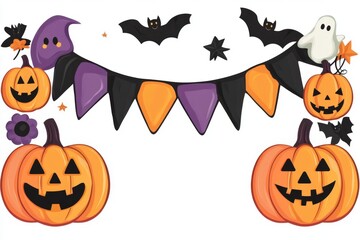 Poster - Vector Halloween garland with pumpkins, ghosts, and bats isolated on a white background, in a flat lay. A simple vector illustration of cute Halloween decorations in a purple color, on a white