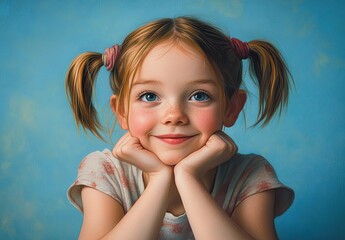 Poster - a young girl with pigtails, her hands under her chin, smiling and looking to the side against a blue background.