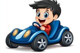 a 2D cartoon illustration of a child in a toy car racing around, fast and fun, white background