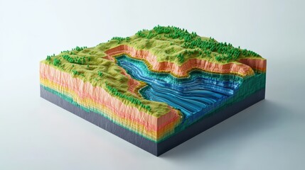 Poster - 3D topographic model showcasing a river surrounded by vibrant terrain and greenery