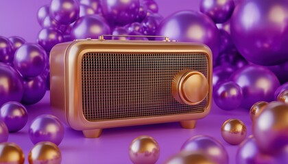 Poster - Gold Radio Shining Brightly Surrounded By Glowing Orbs On A Vibrant Purple Background - Transformation Complete.