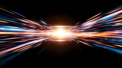 Poster - Dynamic light trails converge to bright center point against dark background, creating futuristic speed effect with orange and blue streaks radiating outward in symmetrical pattern.