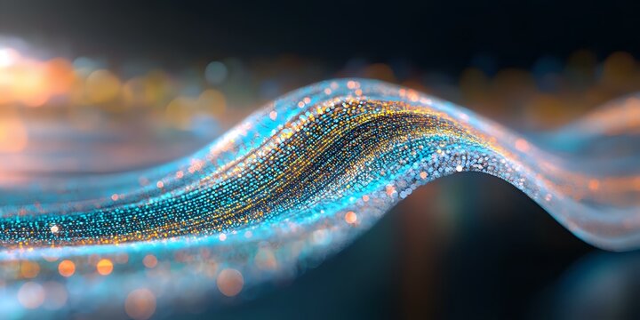 Glowing wave of luminous particles flowing in dark space with blue and gold sparkles creating dynamic motion effect against black background.